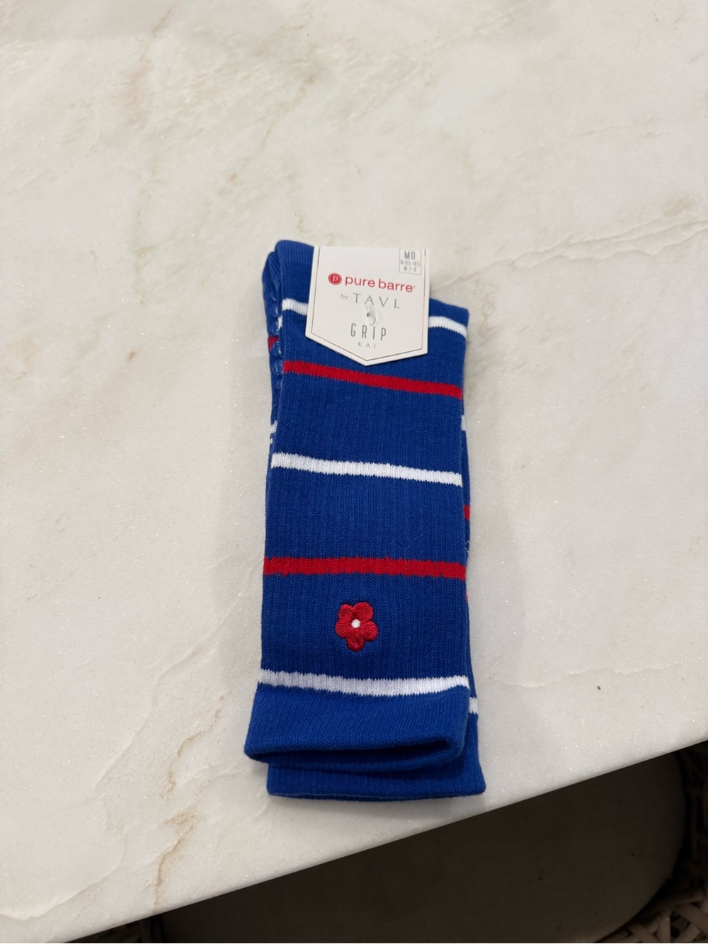 Pure Barre Blue Crew Grip Socks with Red & White Stripes